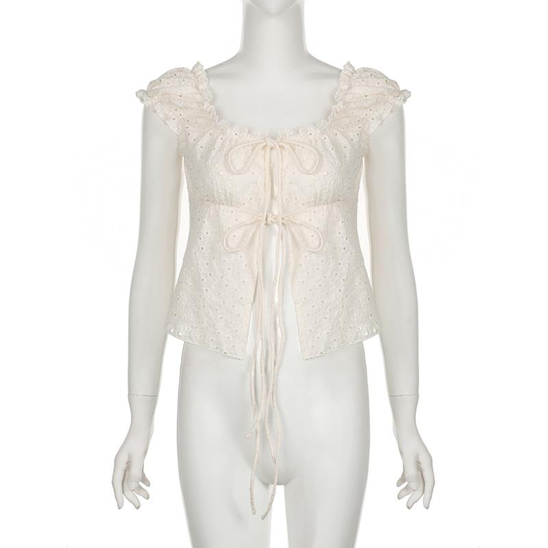 U neck puff sleeve textured ruffle top