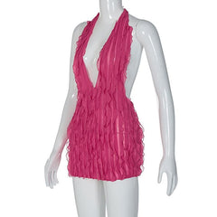 Textured ruffle solid halter self tie v neck backless mini dress  | red tango dress