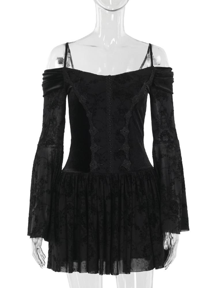 Off shoulder long flared sleeve velvet mini dress