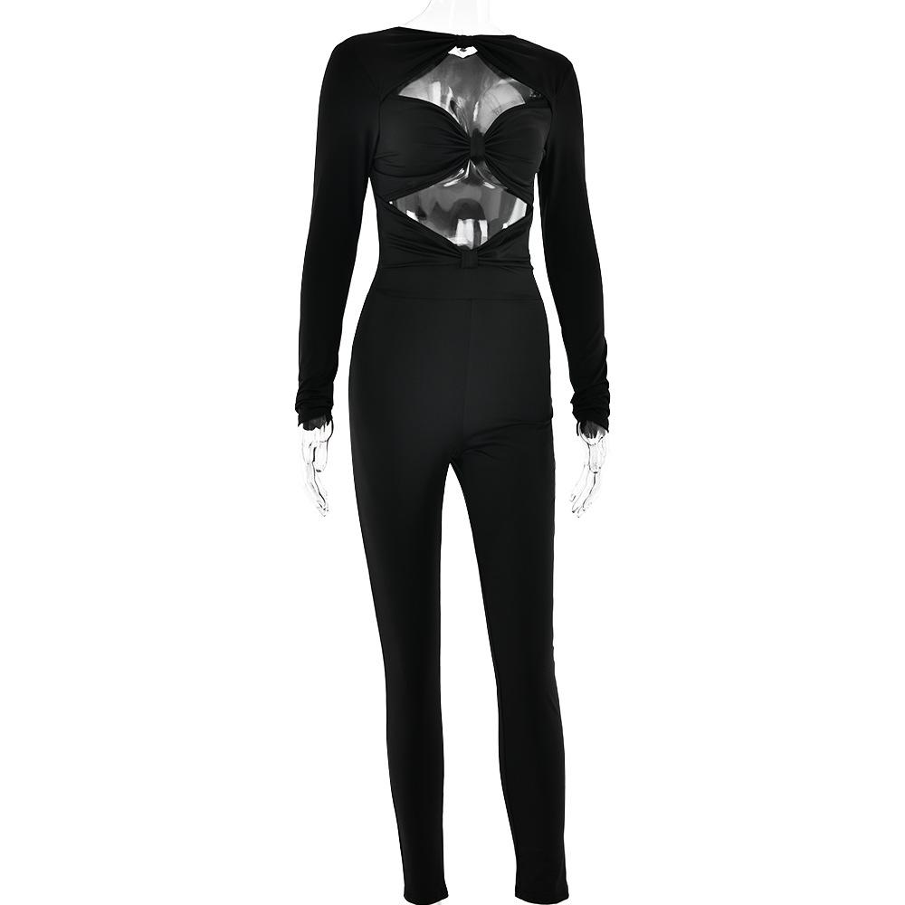 Long sleeve hollow out ruched solid jumpsuit