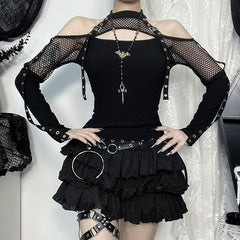 Off shoulder long sleeve fishnet patchwork buckle top