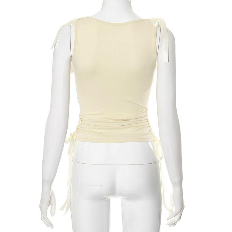 Bowknot ribbon drawstring ruched sleeveless top