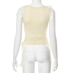 Bowknot ribbon drawstring ruched sleeveless top
