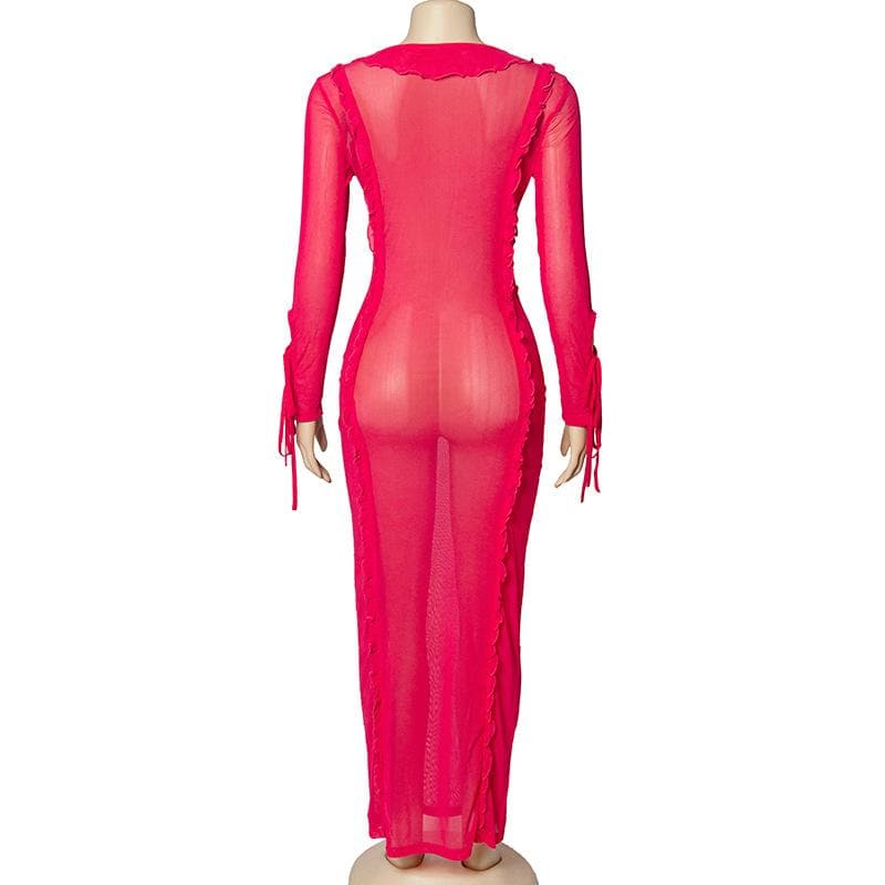Ruffle turtle neck sheer mesh see through long sleeve maxi dress  | red tango dress  | samba dress