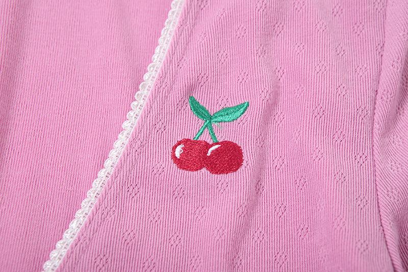 Long sleeve v neck cherry embroidery self tie pant set