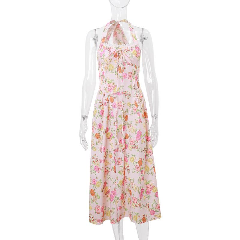 Halter print lace hem knotted maxi dress
