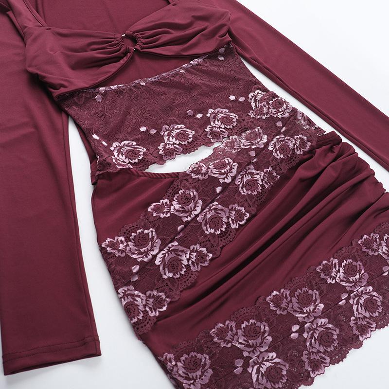 Long sleeve o ring lace hollow out mini dress