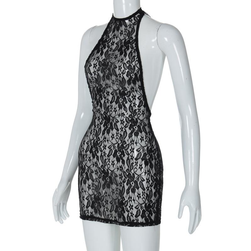 Lace see through halter backless solid mini dress  | red tango dress