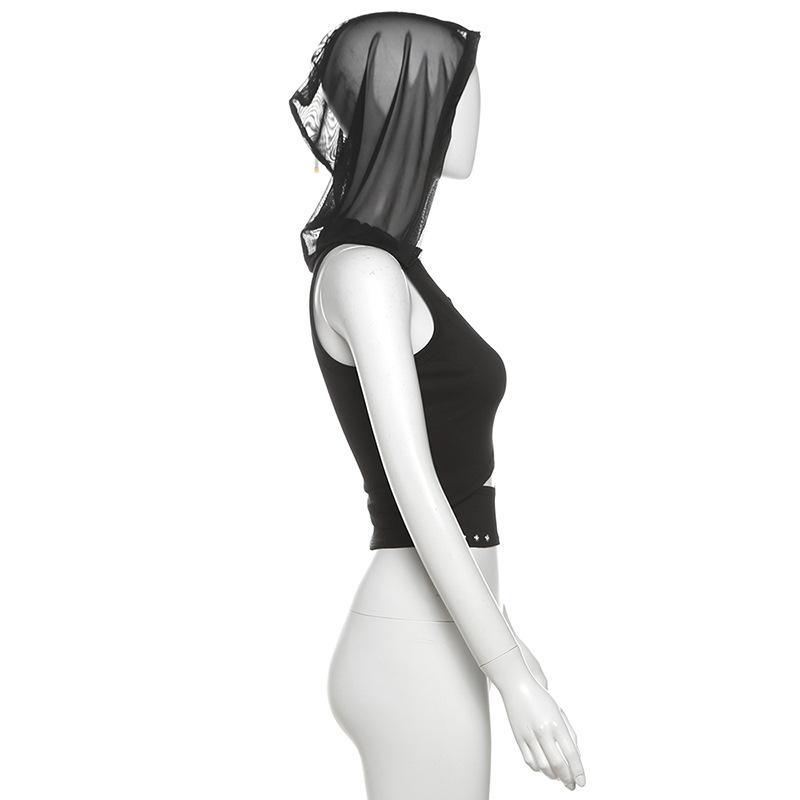 Hoodie u neck hollow out mesh top