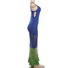U neck knitted hollow out see through cami maxi dress