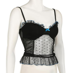 V neck polka dot bowknot mesh ruffle cami top