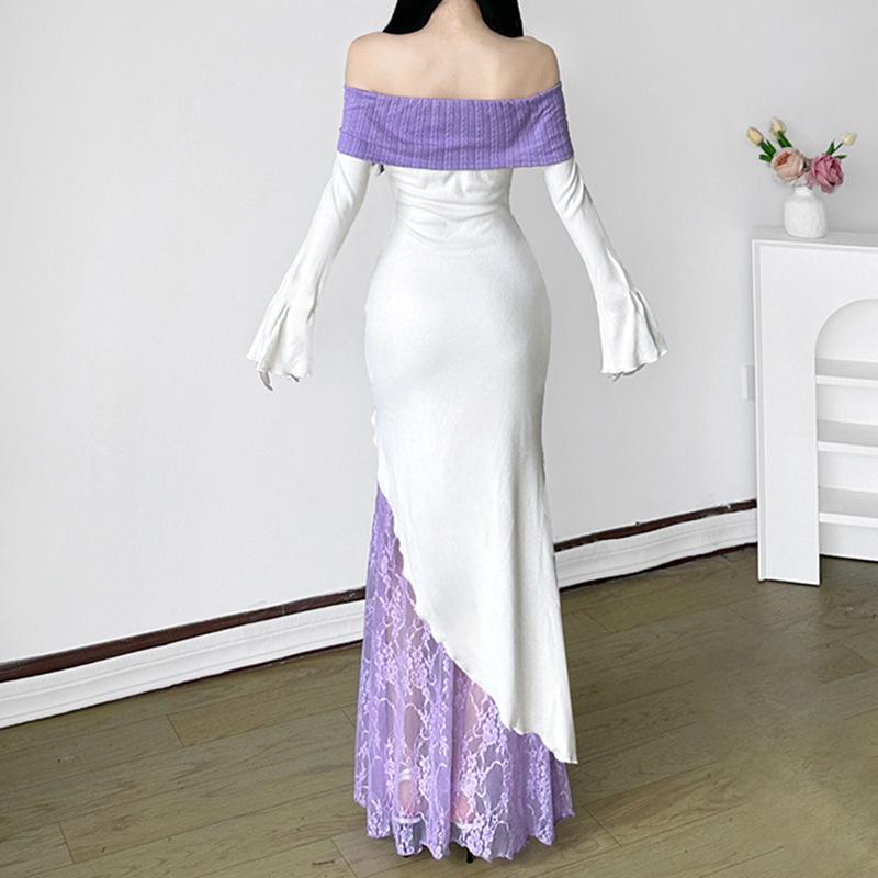 Off shoulder long sleeve knitted patchwork lace print maxi dress