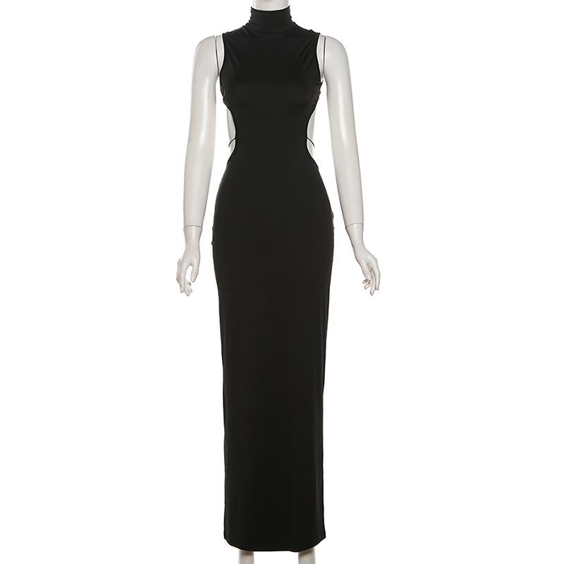 High neck butterfly pattern o ring button maxi dress