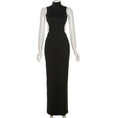 High neck butterfly pattern o ring button maxi dress