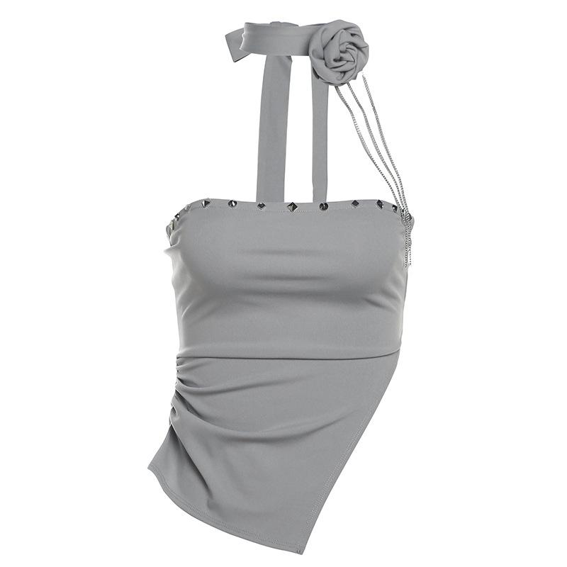 Ruched flower applique irregular self tie solid tube top
