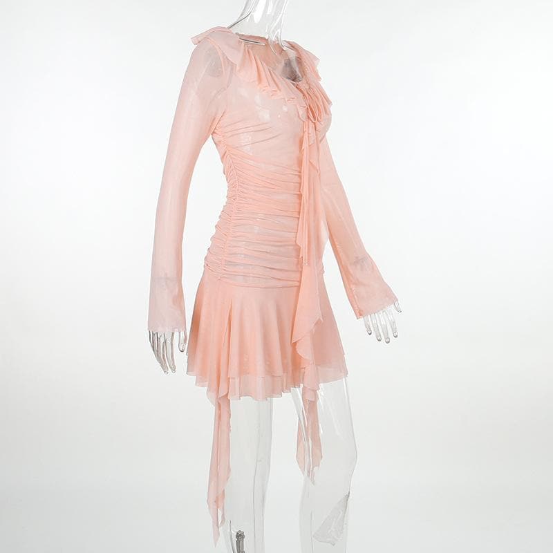 Ruffle solid self tie ruched long sleeve mesh mini dress