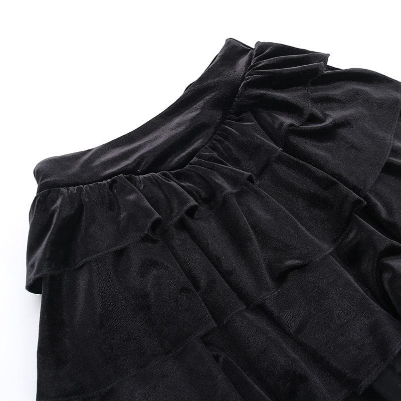 Velvet ruched solid lace hem mesh mini skirt