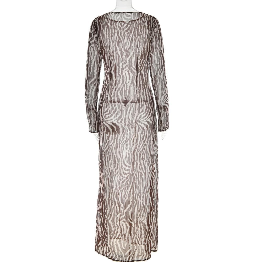 Sheer mesh see through zebra print long sleeve zip-up contrast maxi dress  | red tango dress  | samba dress