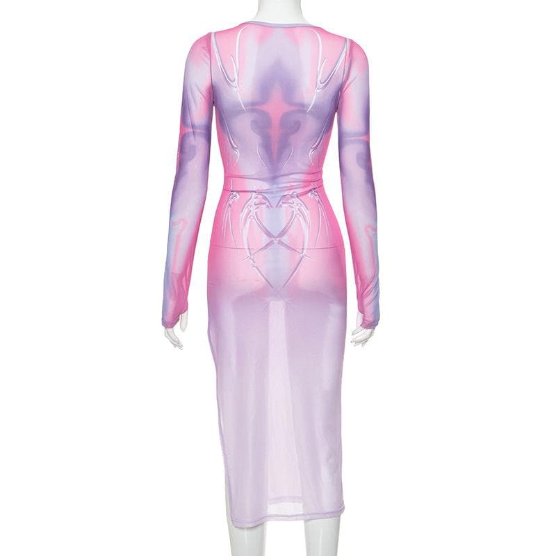 Long sleeve sheer mesh print midi dress  | samba dress