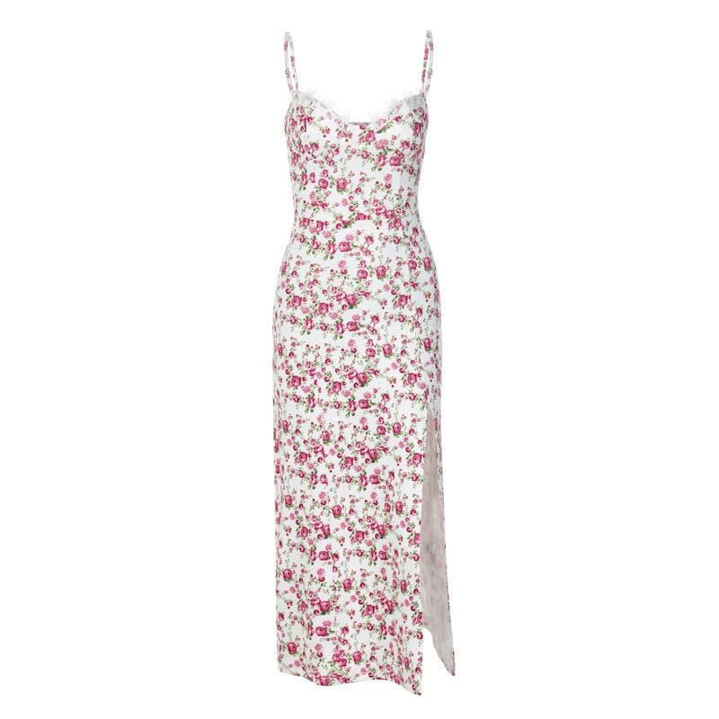 Flower pattern print lace up slit low cut cami midi dress  | red tango dress