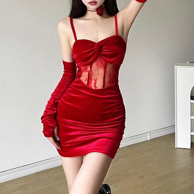 Velvet gloves ruched mesh backless cami mini dress  | red tango dress