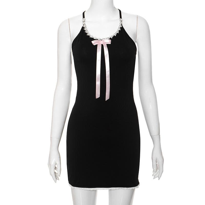 Bowknot ribbon lace hem u neck cross back backless cami mini dress  | black rave dress