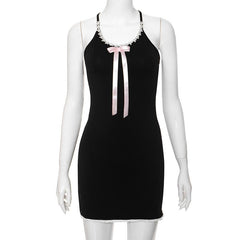 Bowknot ribbon lace hem u neck cross back backless cami mini dress  | black rave dress