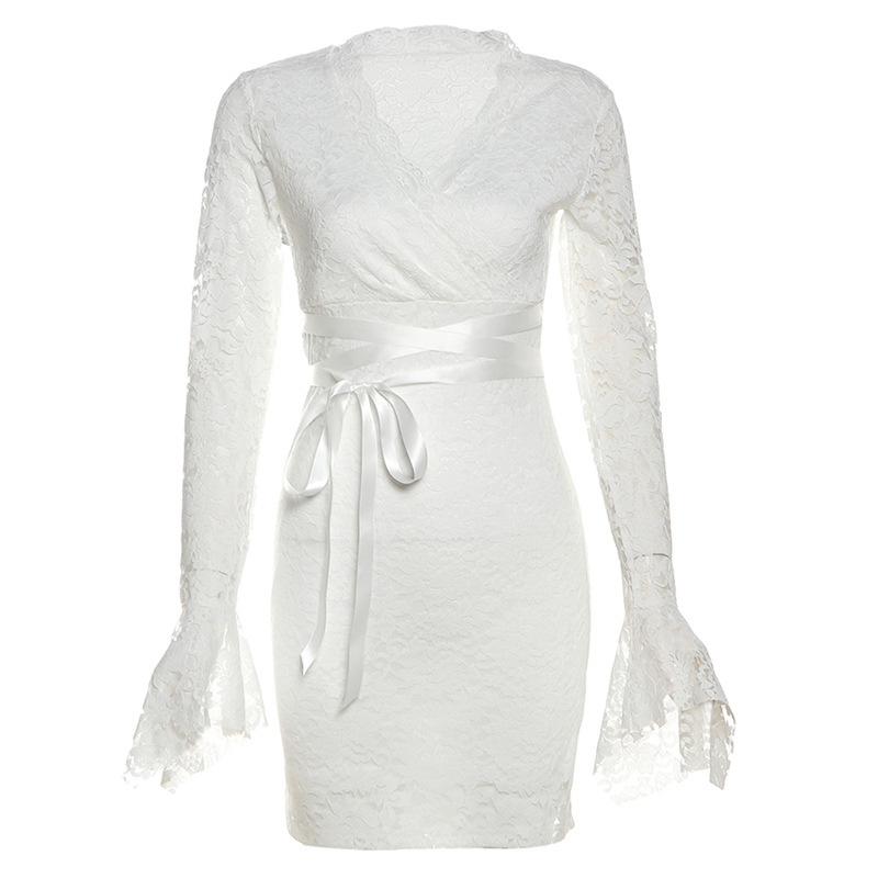 Long flared sleeve v neck lace self tie mini dress