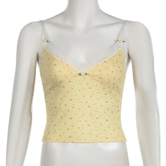 Flower applique v neck print lace hem textured cami top