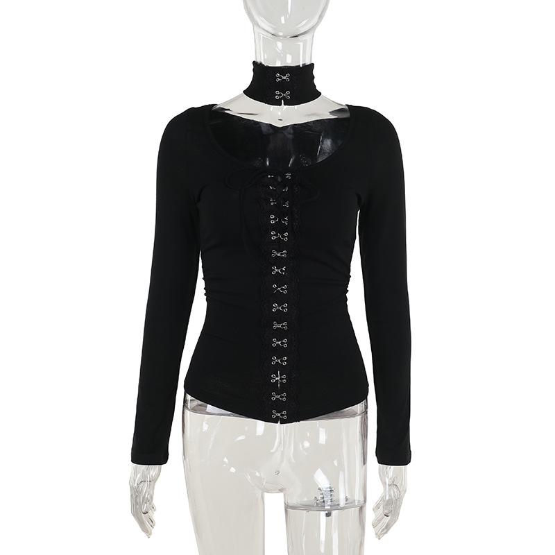 Halter long sleeve button self tie top