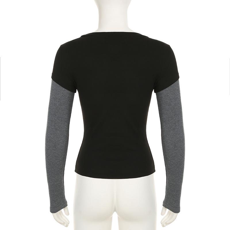 Long sleeve crewneck abstract print patchwork top