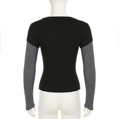 Long sleeve crewneck abstract print patchwork top