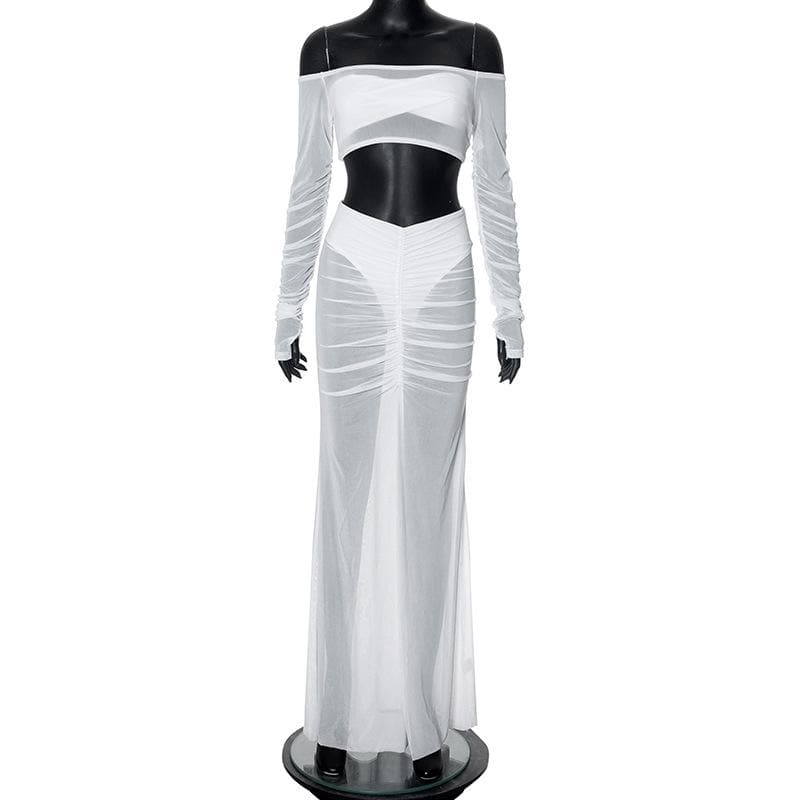 Long sleeve off shoulder ruched mesh maxi skirt set