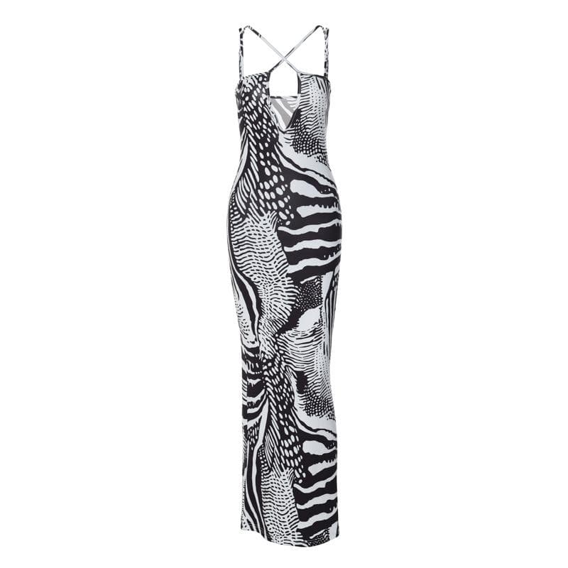 Contrast print cross front backless low cut maxi dress  | black rave dress  | black rave dress