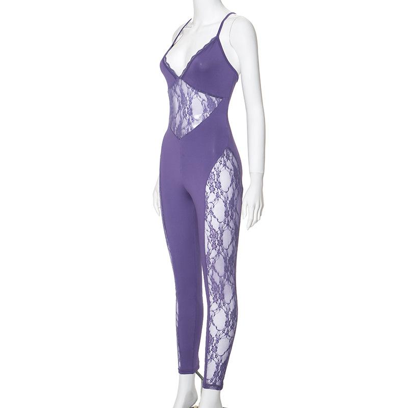 V neck lace patchwork cross back cami jumpsuit
