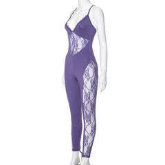 V neck lace patchwork cross back cami jumpsuit