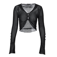 Sheer mesh see through button hollow out long sleeve crop cut out top