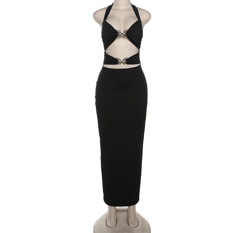 Halter butterfly metal tag hollow out maxi dress