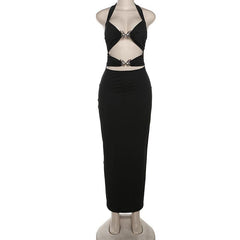 Halter butterfly metal tag hollow out maxi dress
