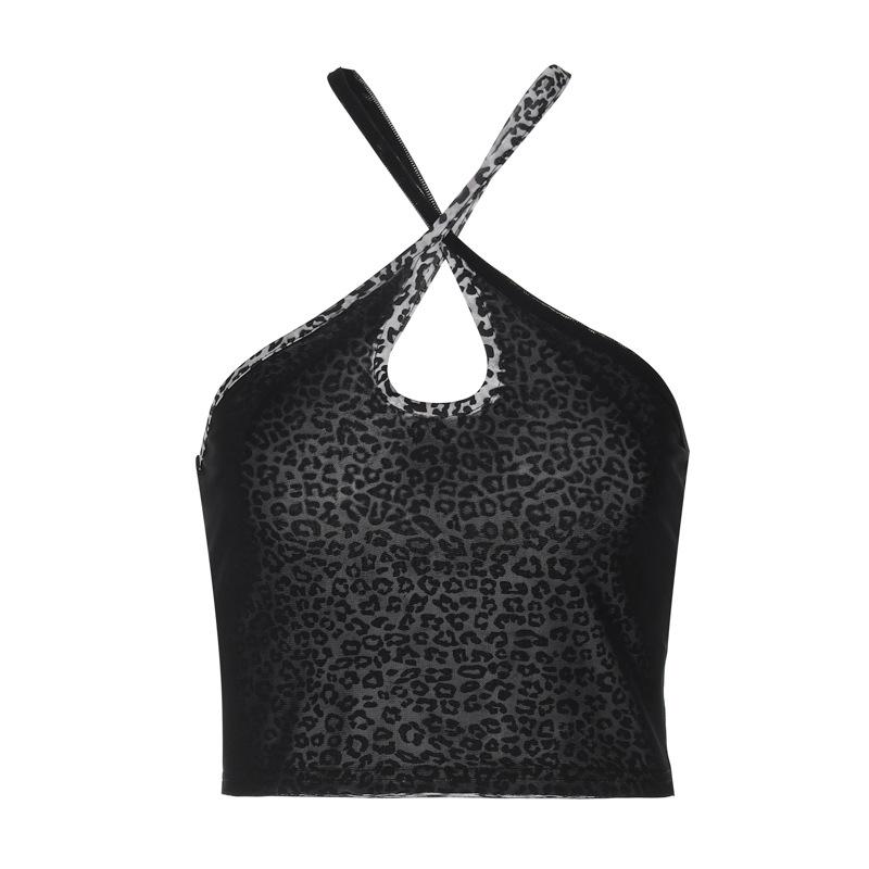 Leopard print cross front hollow out cami top