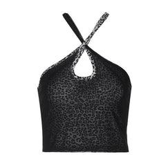 Leopard print cross front hollow out cami top