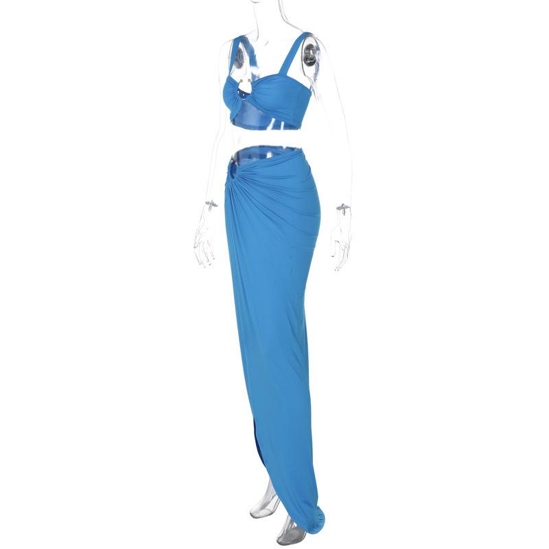 O ring ruched crop high slit cami maxi skirt set