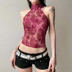 Sleeveless print high neck sheer mesh o ring top