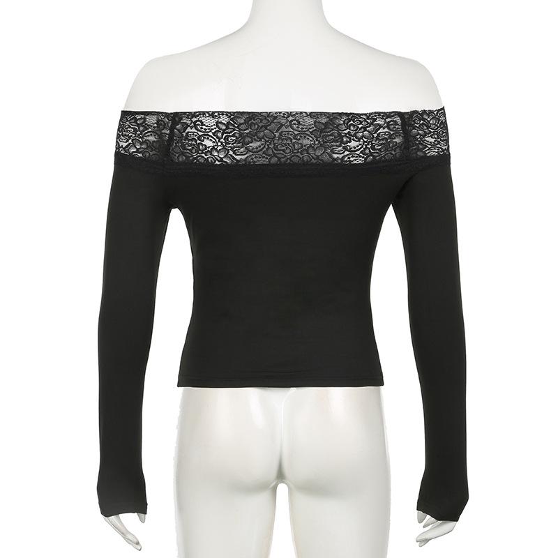 Off shoulder long sleeve lace hem abstract top