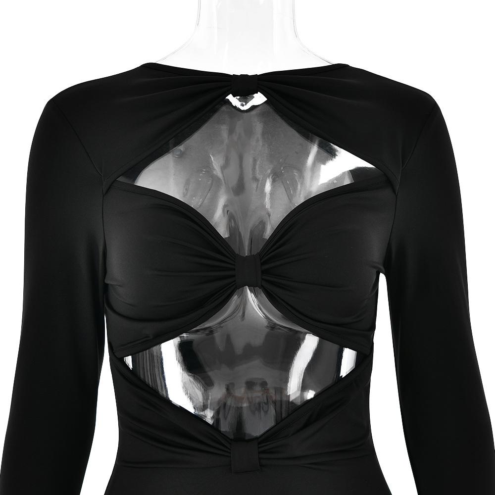 Long sleeve hollow out ruched solid jumpsuit
