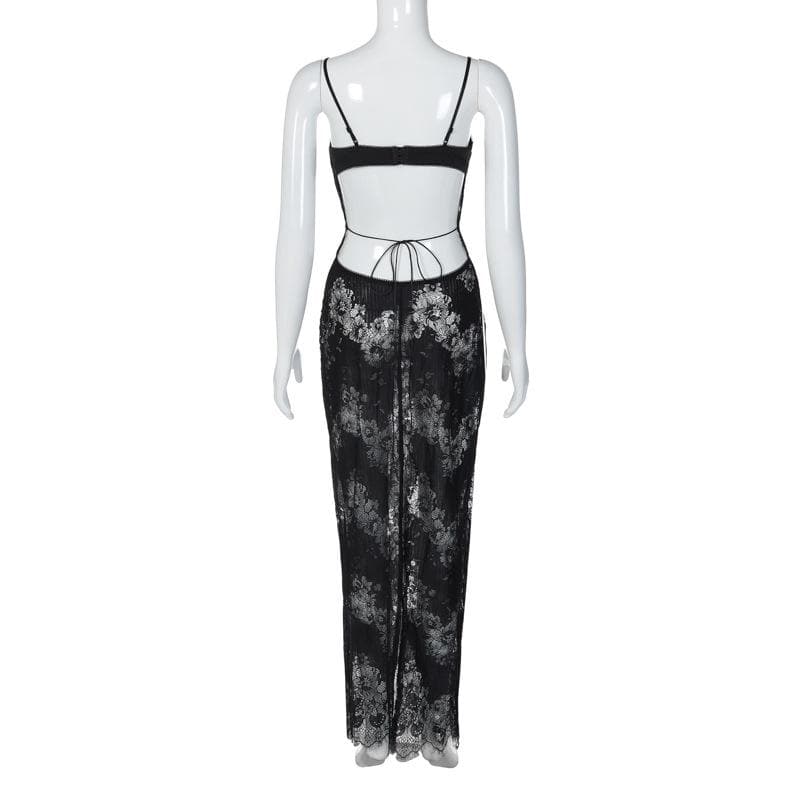 Lace patchwork backless slit cami maxi dress