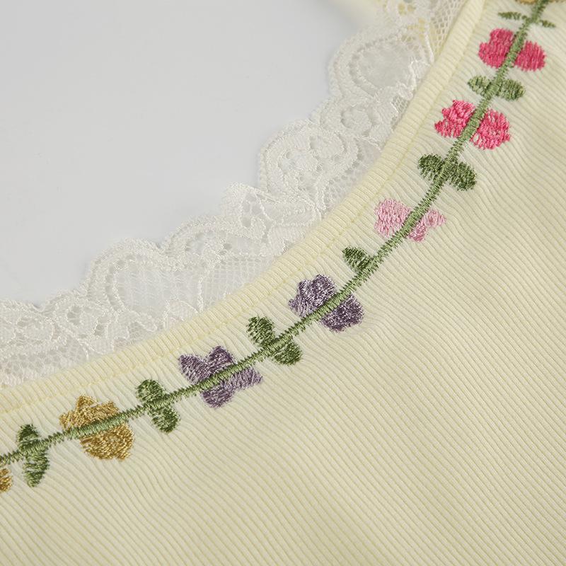 U neck ribbed embroidery ruffle cami top