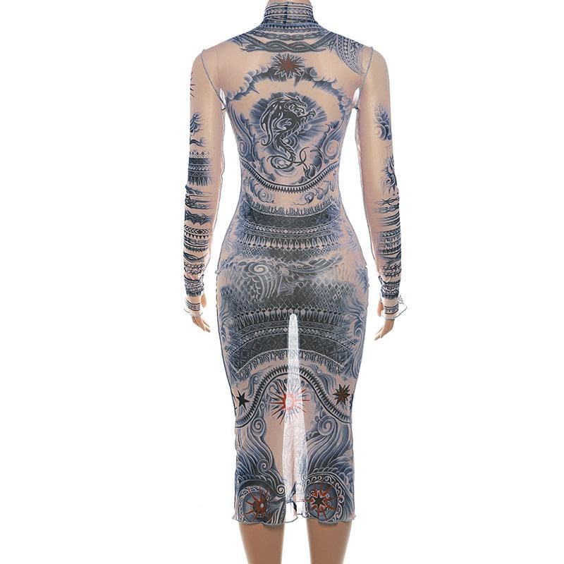Sheer mesh see through abstract contrast print long sleeve gloves midi dress  | samba dress