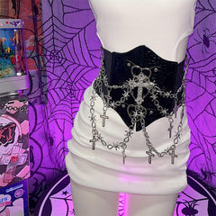 PU leather metal chain cross applique waist chain