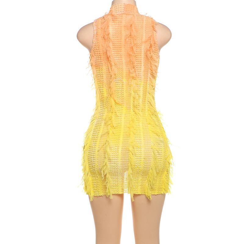 Crewneck hollow out see through gradient tassels mini dress
